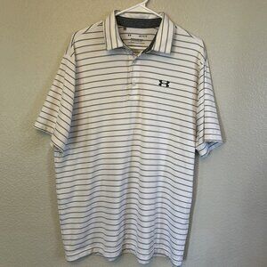 Under Armour The Playoff Polo Shirt White Grey Stripe Mens Large Golf Athletic